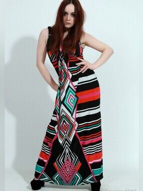 Allen Schwartz ABS Maxi Dress | Black, Pink & Teal Geometric Stripe - Size M EUC